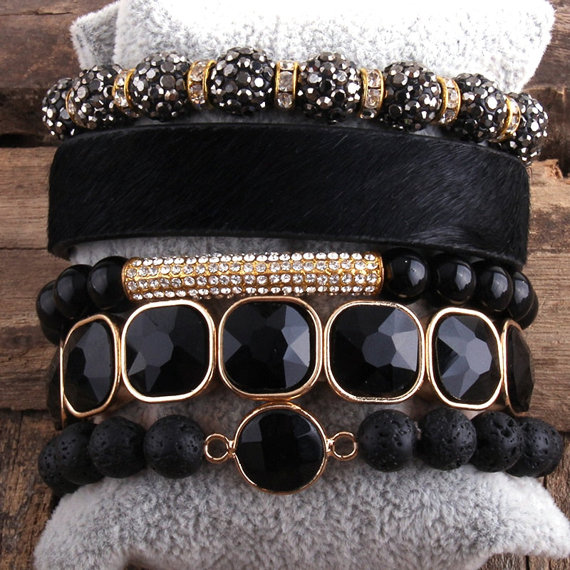 Leather Bracelet 5pc Handmade Natural Stone Sets