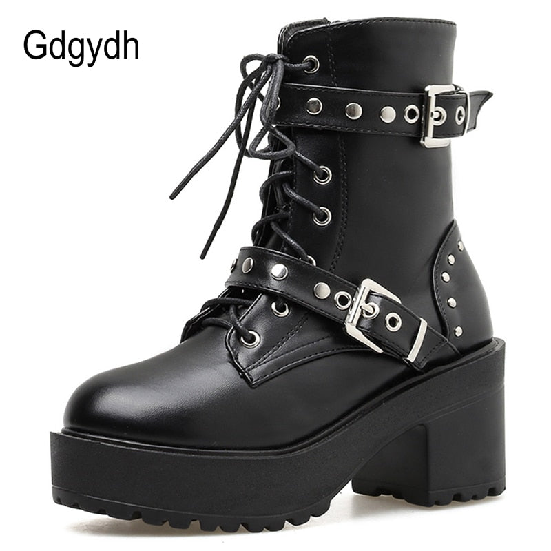 Platform Black Leather Combat Boots