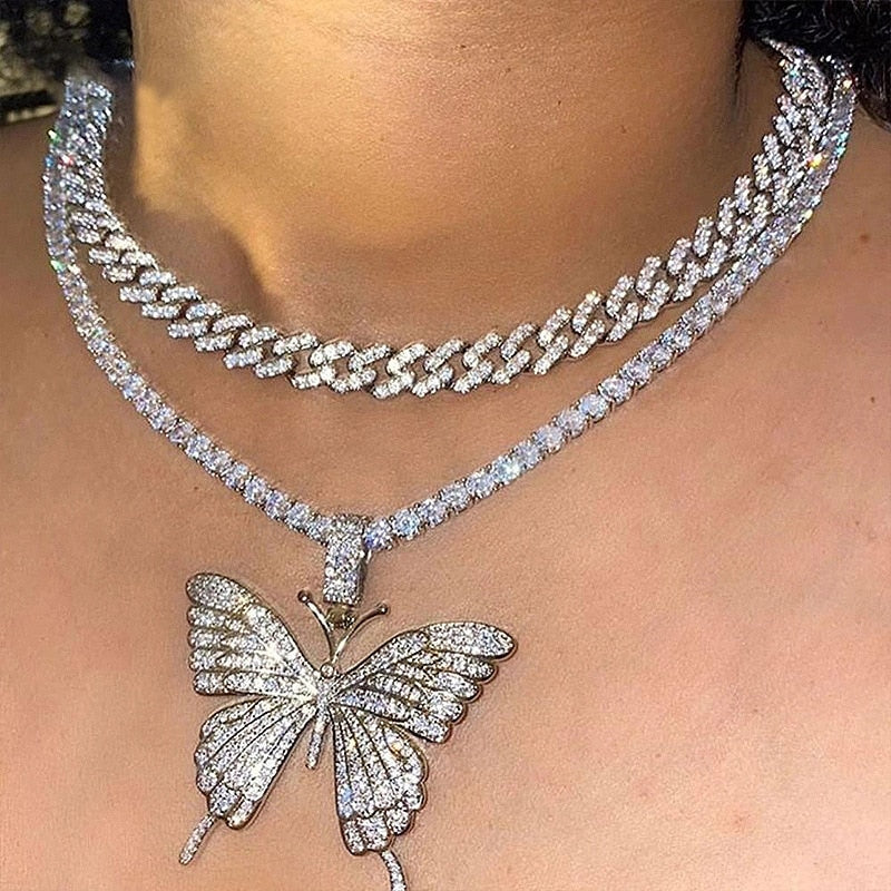 Cuban Double Layer Big Butterfly Pendant Necklace