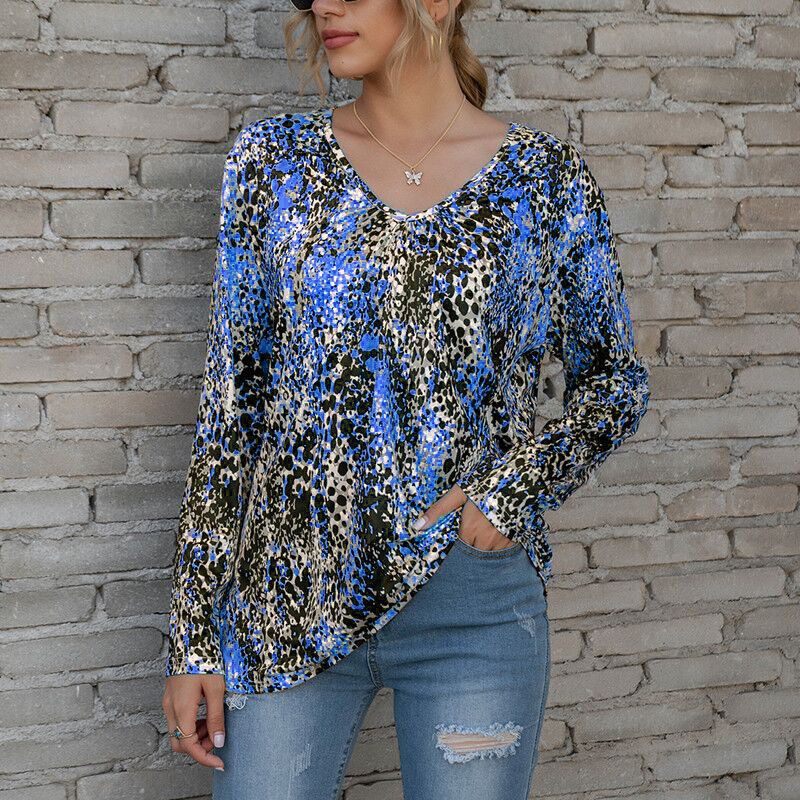 Oversized Women Printed Long Sleeve V-Neck T-shirt