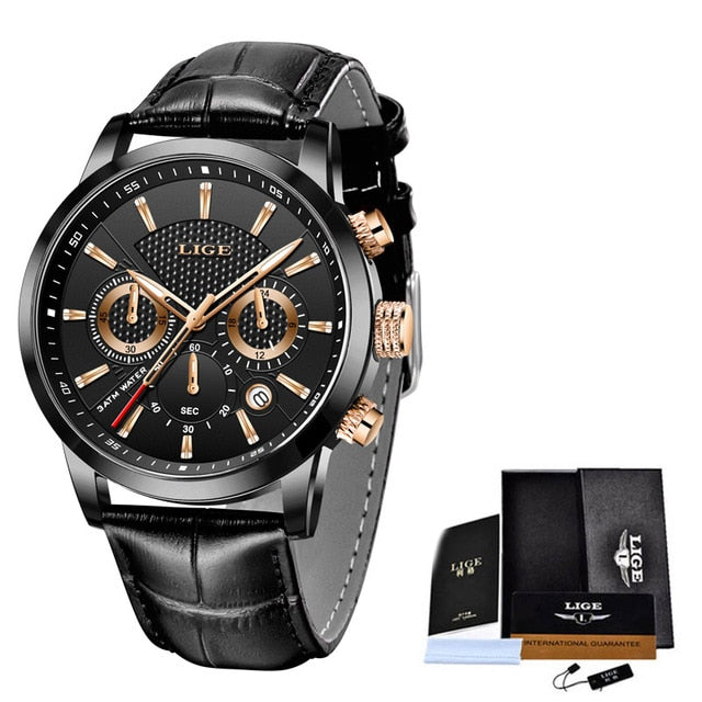 LIGE Leather Chronograph Waterproof watches