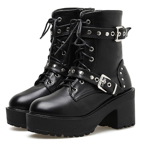 Platform Black Leather Combat Boots