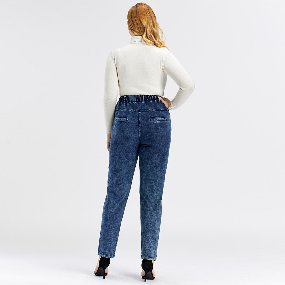 Women's Plus Size Jeans Autumn High Stretch Cotton Knitted Denim Trousers Casual Soft Jeans