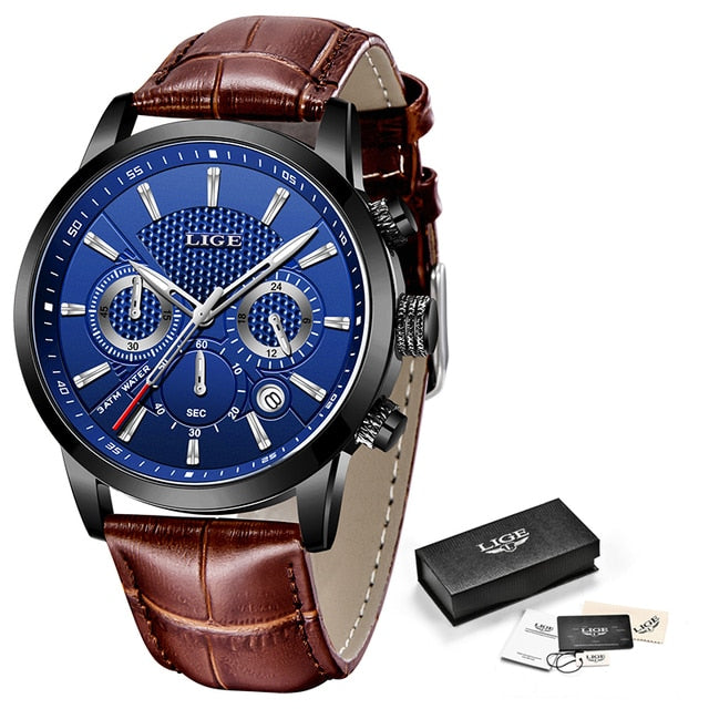 LIGE Leather Chronograph Waterproof watches