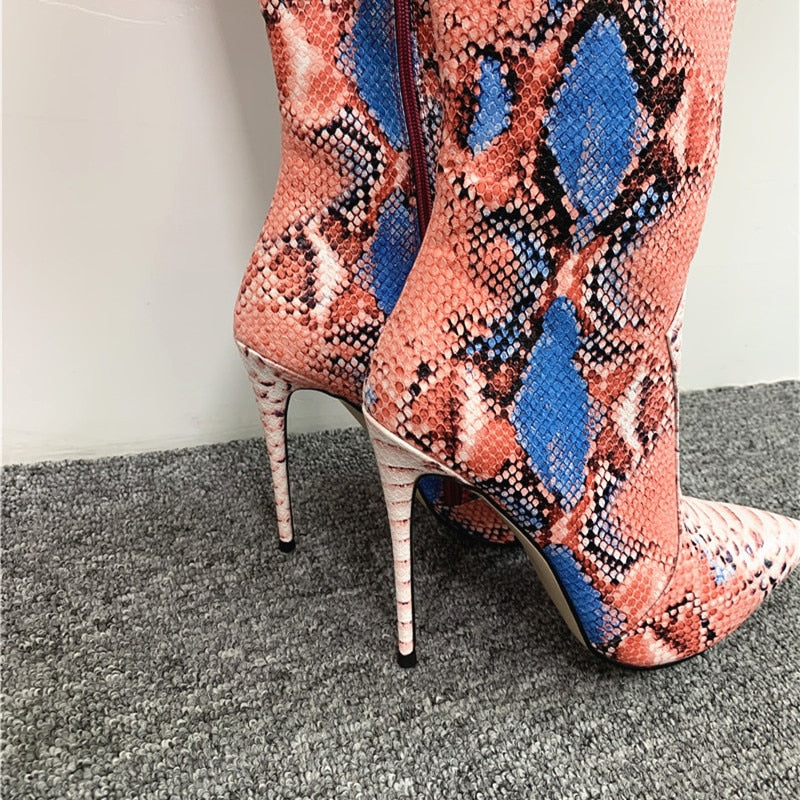 Women Snake-print Pointed Toe Boots