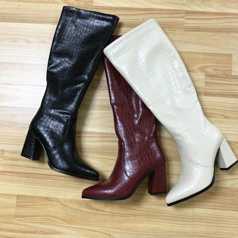 Faux Leather Women Knee High Boots