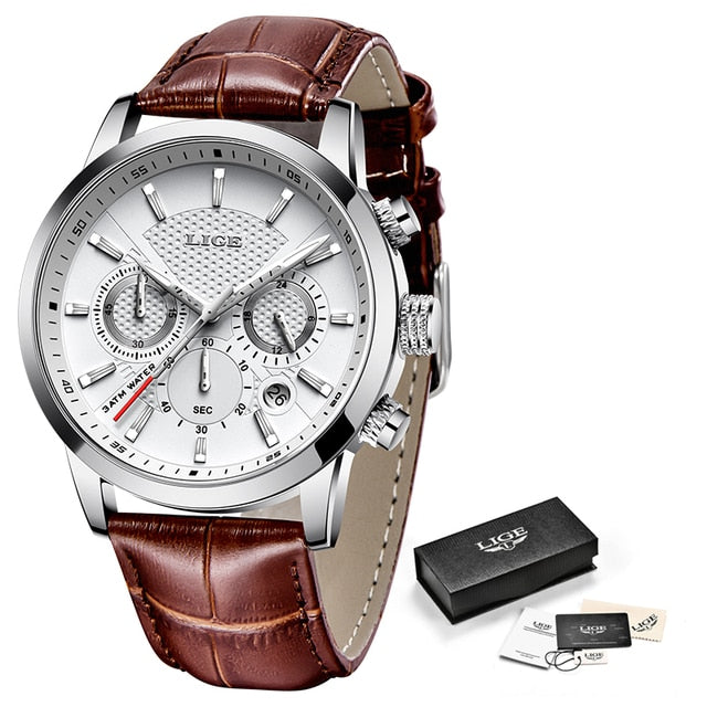 LIGE Leather Chronograph Waterproof watches