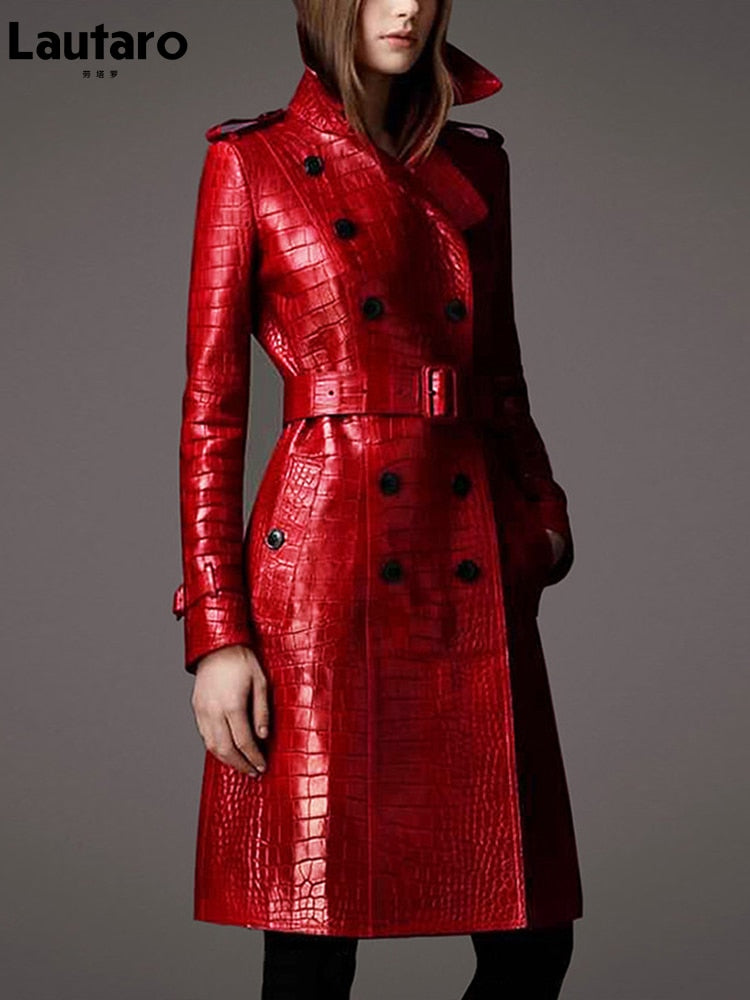 Lautaro Autumn Long Red Crocodile Print Leather Trench Coat for Women