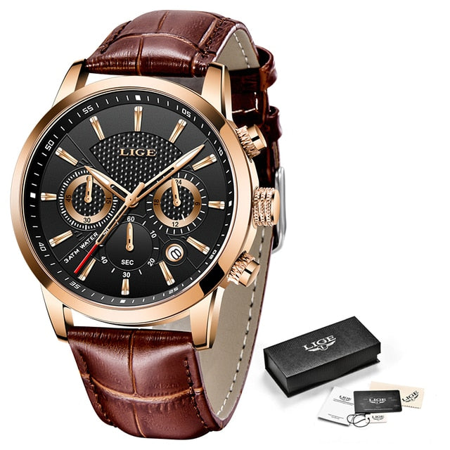 LIGE Leather Chronograph Waterproof watches