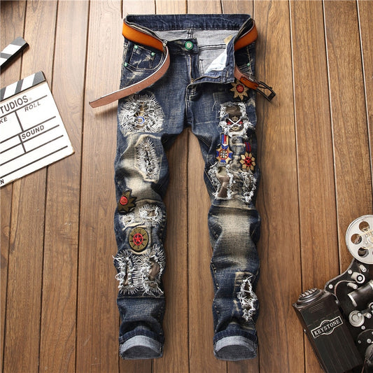 Men's Patchwork Ripped Embroidered Stretch Jeans