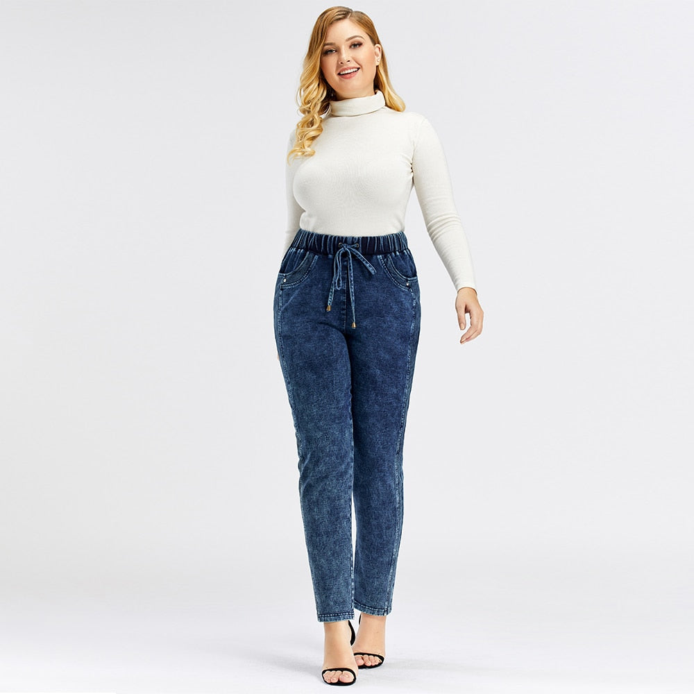 Women's Plus Size Jeans Autumn High Stretch Cotton Knitted Denim Trousers Casual Soft Jeans