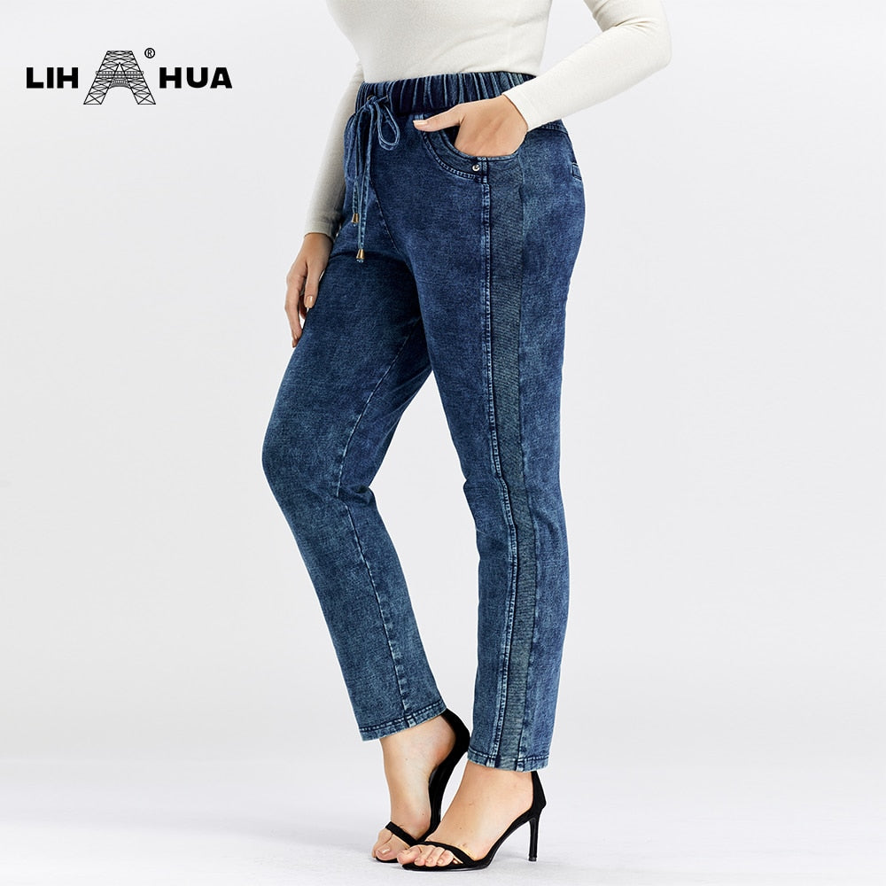 Women's Plus Size Jeans Autumn High Stretch Cotton Knitted Denim Trousers Casual Soft Jeans