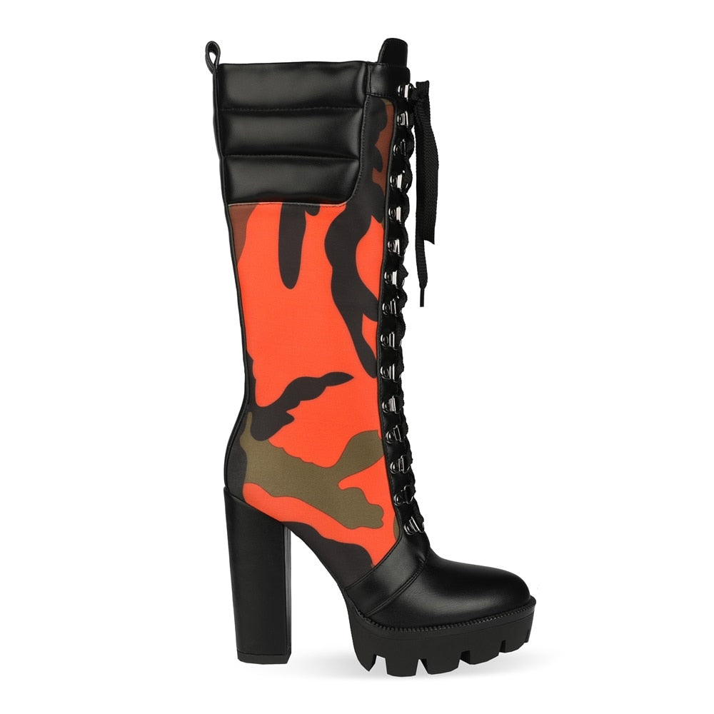 Camouflage Print Heel Platform Mid-Calf Boots