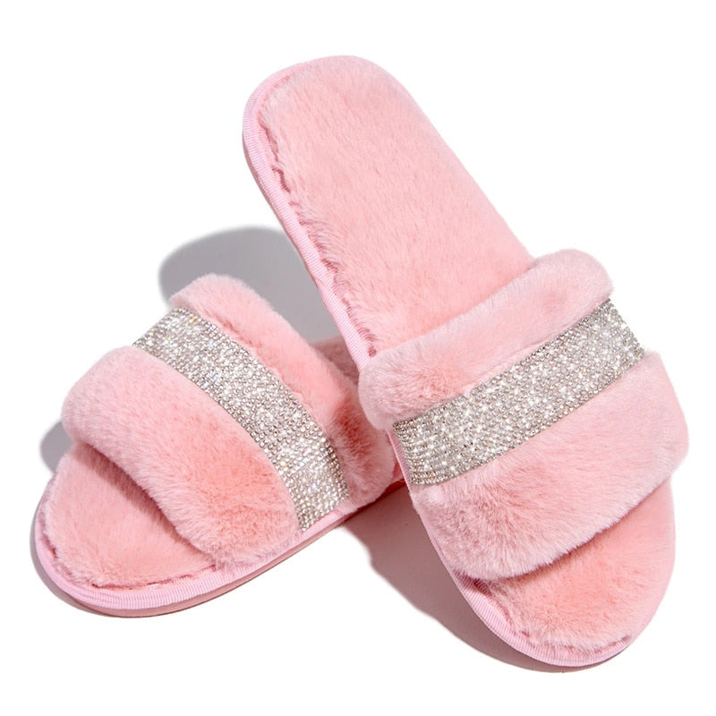 Rhinestone Fur Slippers