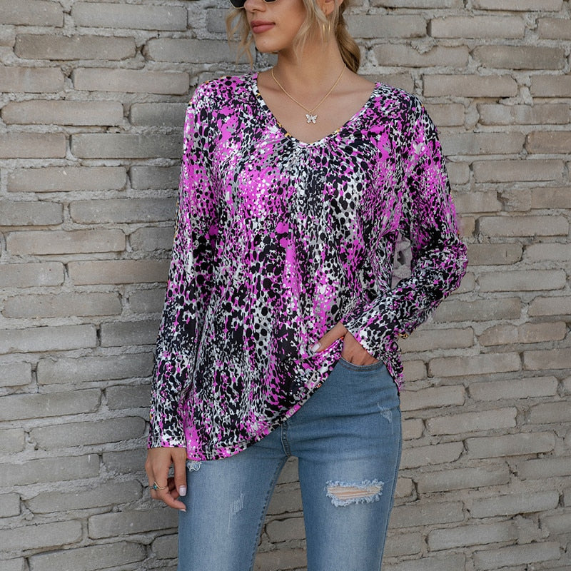 Oversized Women Printed Long Sleeve V-Neck T-shirt