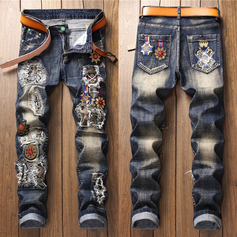 Men’s patched embroidery slim jeans