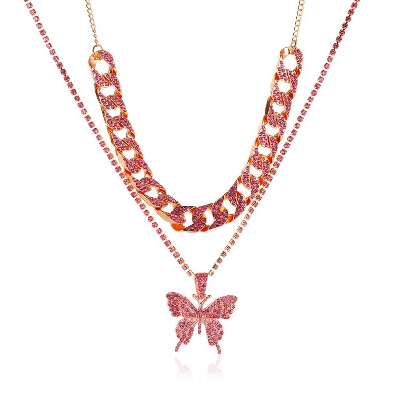 Cuban Double Layer Big Butterfly Pendant Necklace