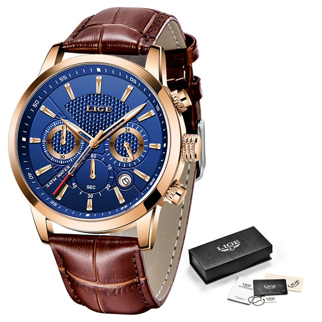 LIGE Leather Chronograph Waterproof watches