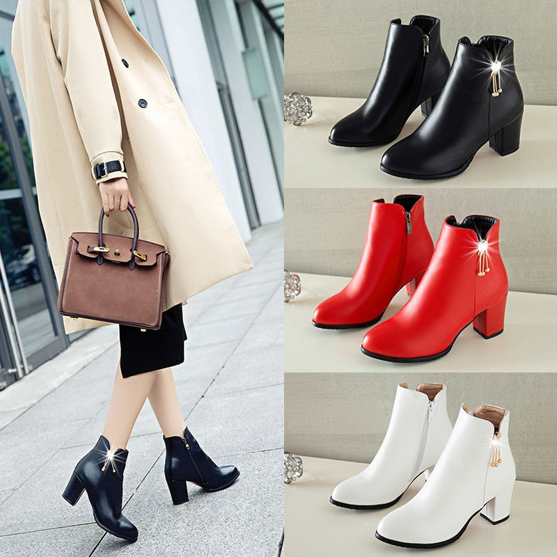 Thick-Heel Zipper Ankle Boots