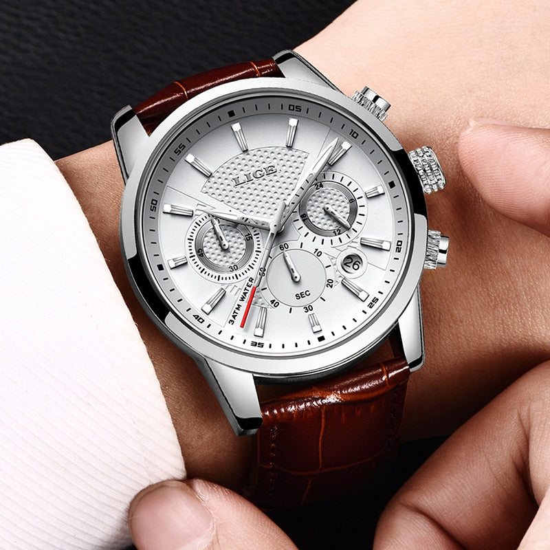 LIGE Leather Chronograph Waterproof watches