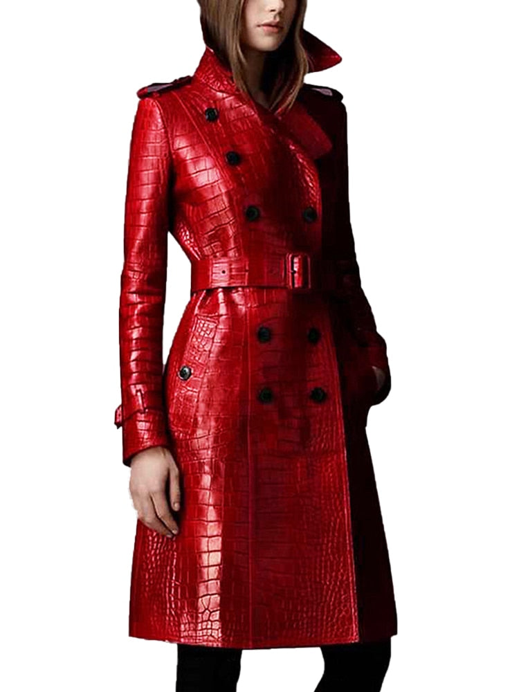 Lautaro Autumn Long Red Crocodile Print Leather Trench Coat for Women