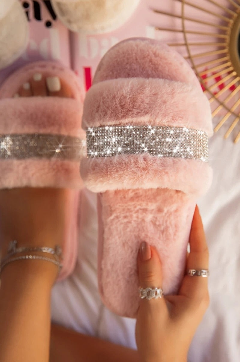 Rhinestone Fur Slippers