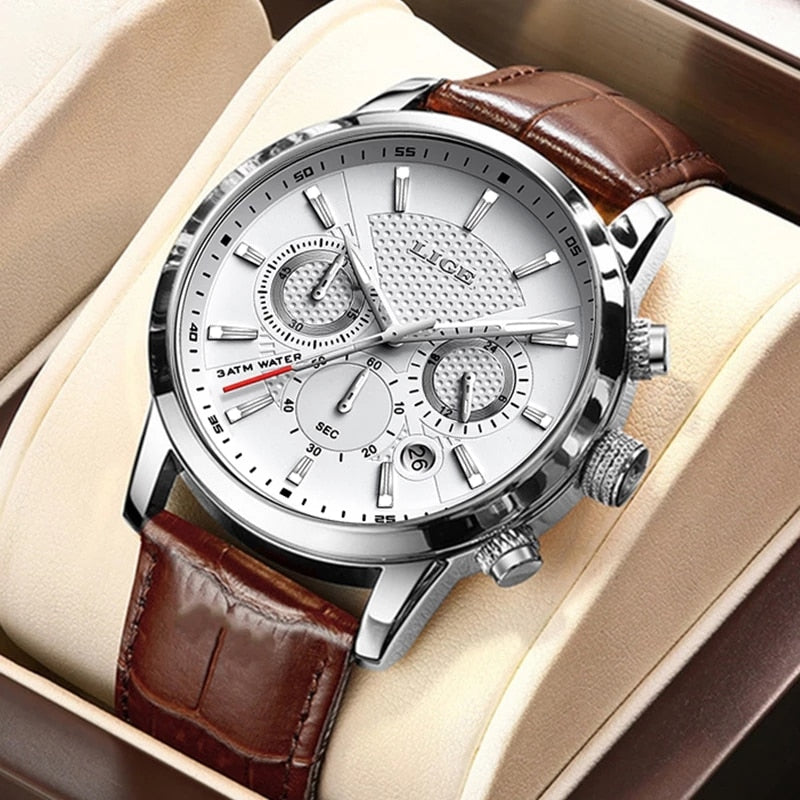 LIGE Leather Chronograph Waterproof watches