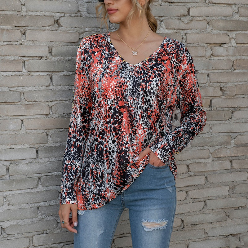 Oversized Women Printed Long Sleeve V-Neck T-shirt