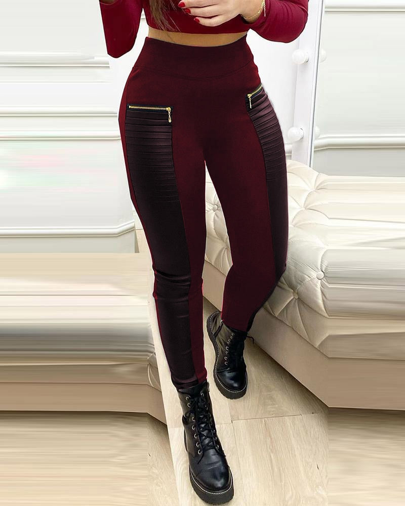 Faux Leather Zipper Design High Waist Pants