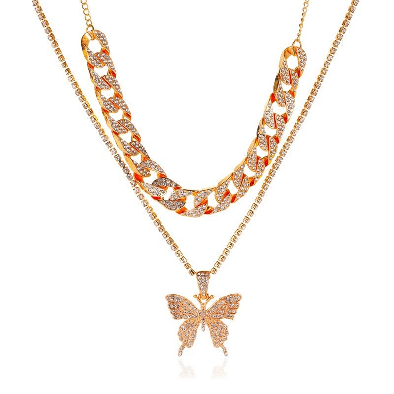 Cuban Double Layer Big Butterfly Pendant Necklace