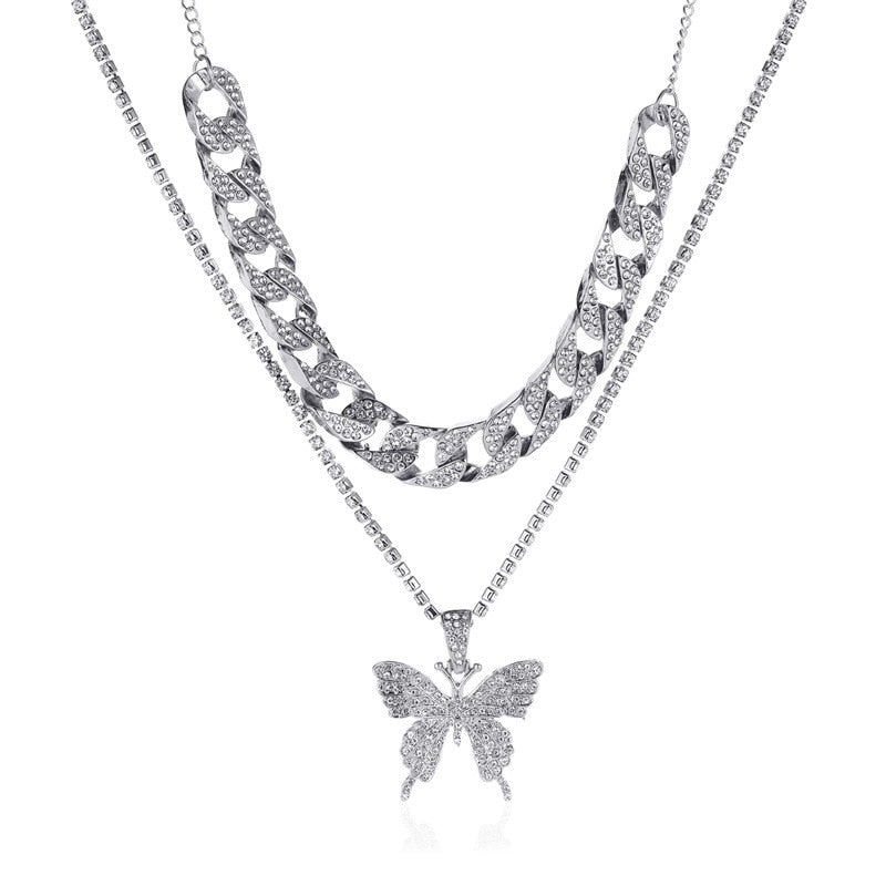 Cuban Double Layer Big Butterfly Pendant Necklace