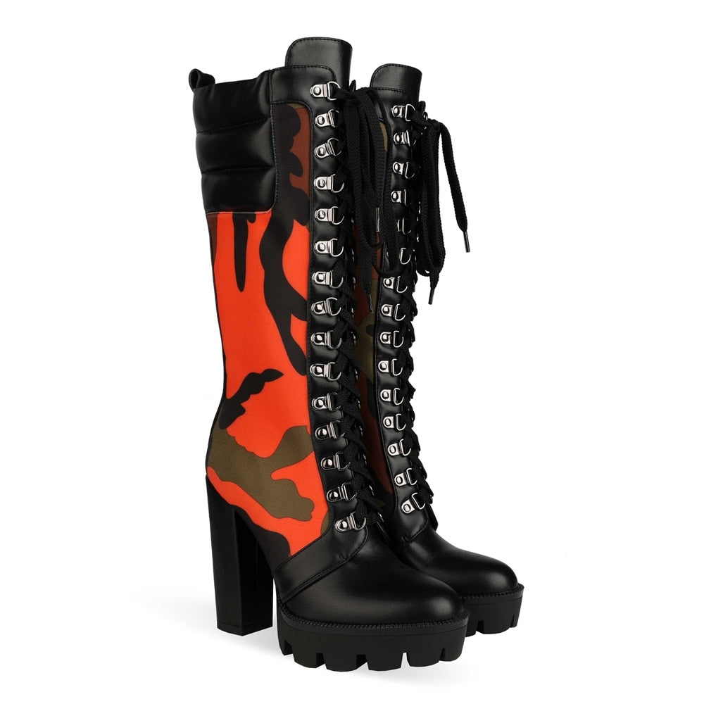 Camouflage Print Heel Platform Mid-Calf Boots