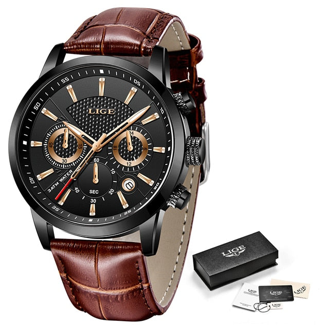 LIGE Leather Chronograph Waterproof watches