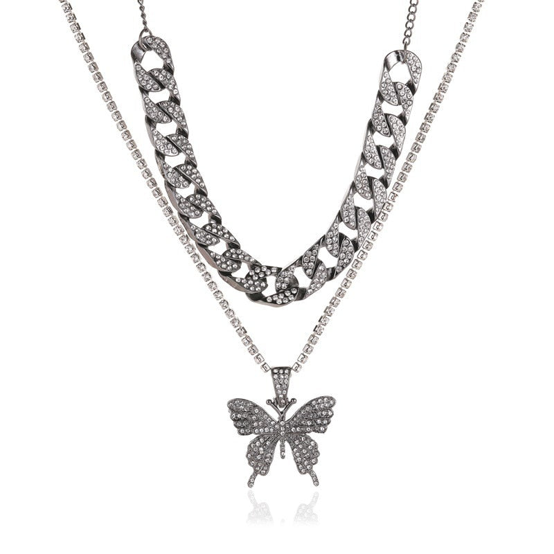 Cuban Double Layer Big Butterfly Pendant Necklace