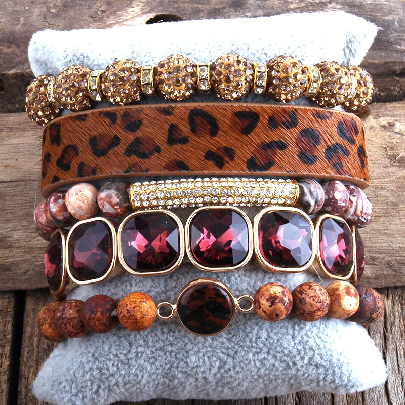 Leather Bracelet 5pc Handmade Natural Stone Sets