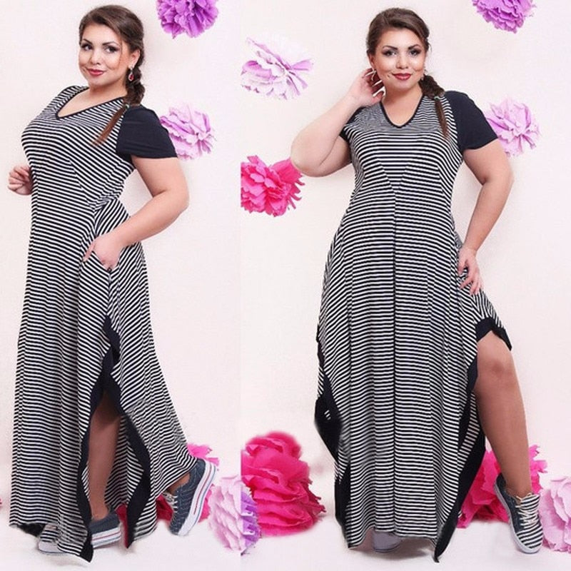 Casual black and white stripe split dresses