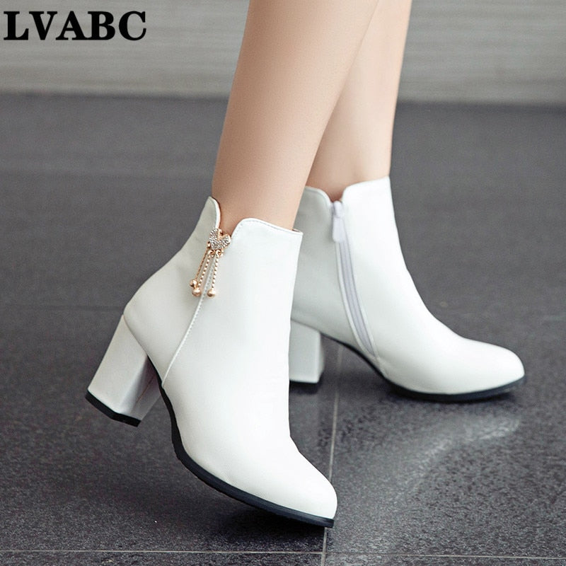 Thick-Heel Zipper Ankle Boots