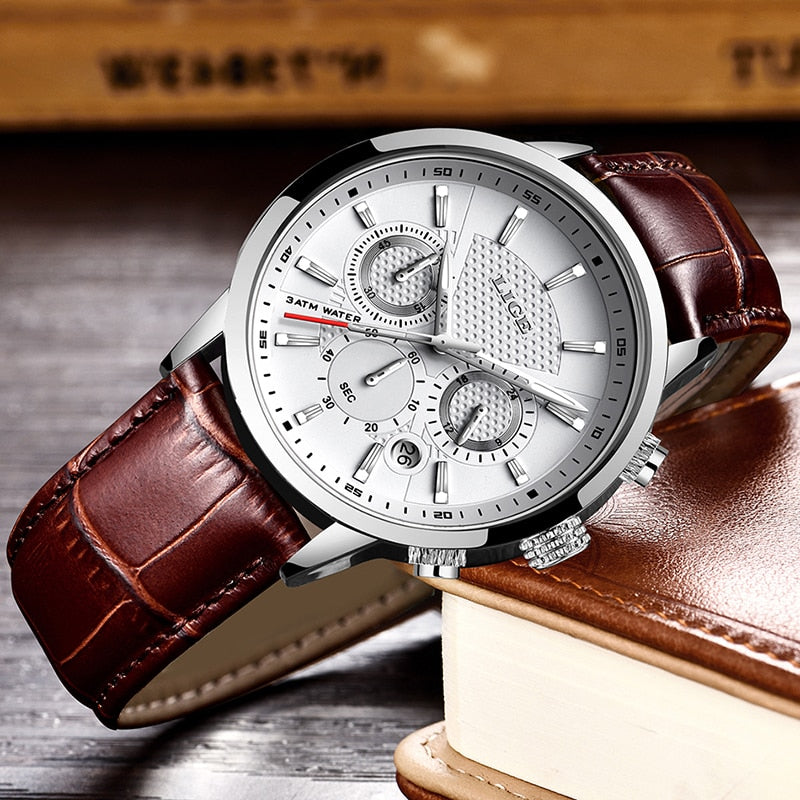 LIGE Leather Chronograph Waterproof watches