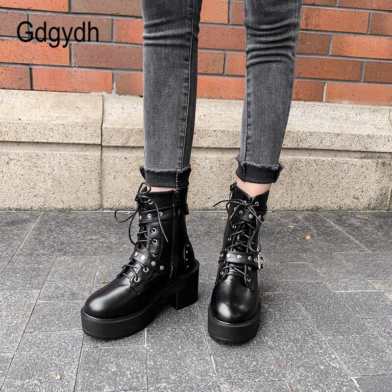 Platform Black Leather Combat Boots