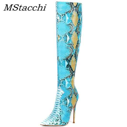 Women Snake-print Pointed Toe Boots