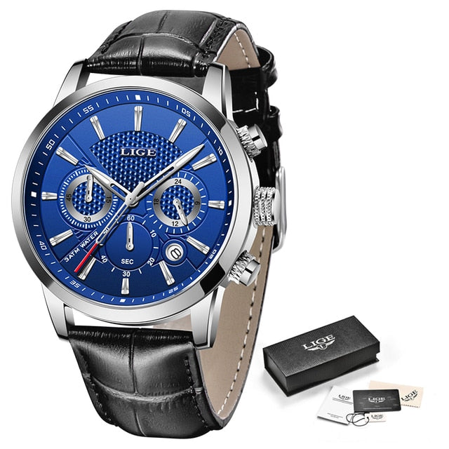 LIGE Leather Chronograph Waterproof watches