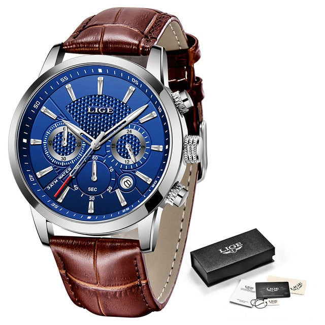 LIGE Leather Chronograph Waterproof watches