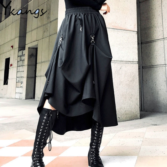 High Waist Irregular Hem Buckle Skirt