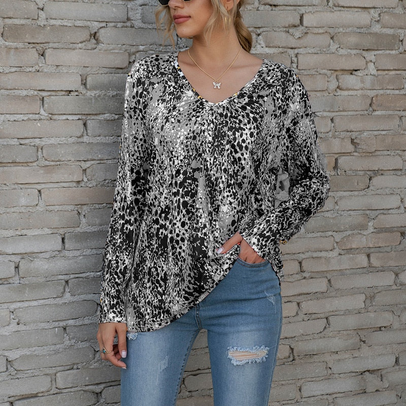 Oversized Women Printed Long Sleeve V-Neck T-shirt