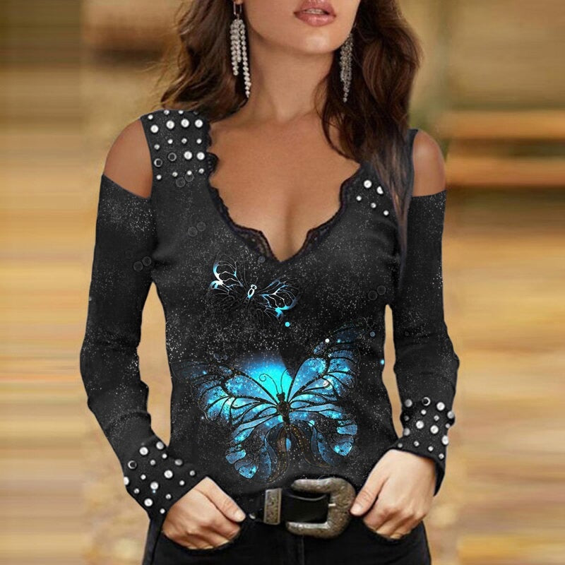 Printed Sexy V-neck Hollow Sleeve T-shirt