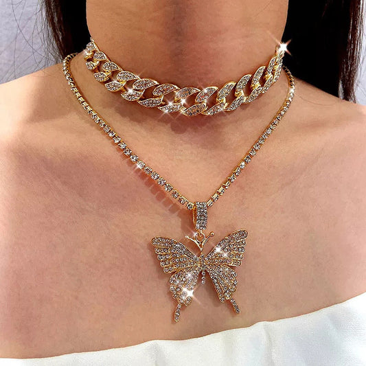 Cuban Double Layer Big Butterfly Pendant Necklace