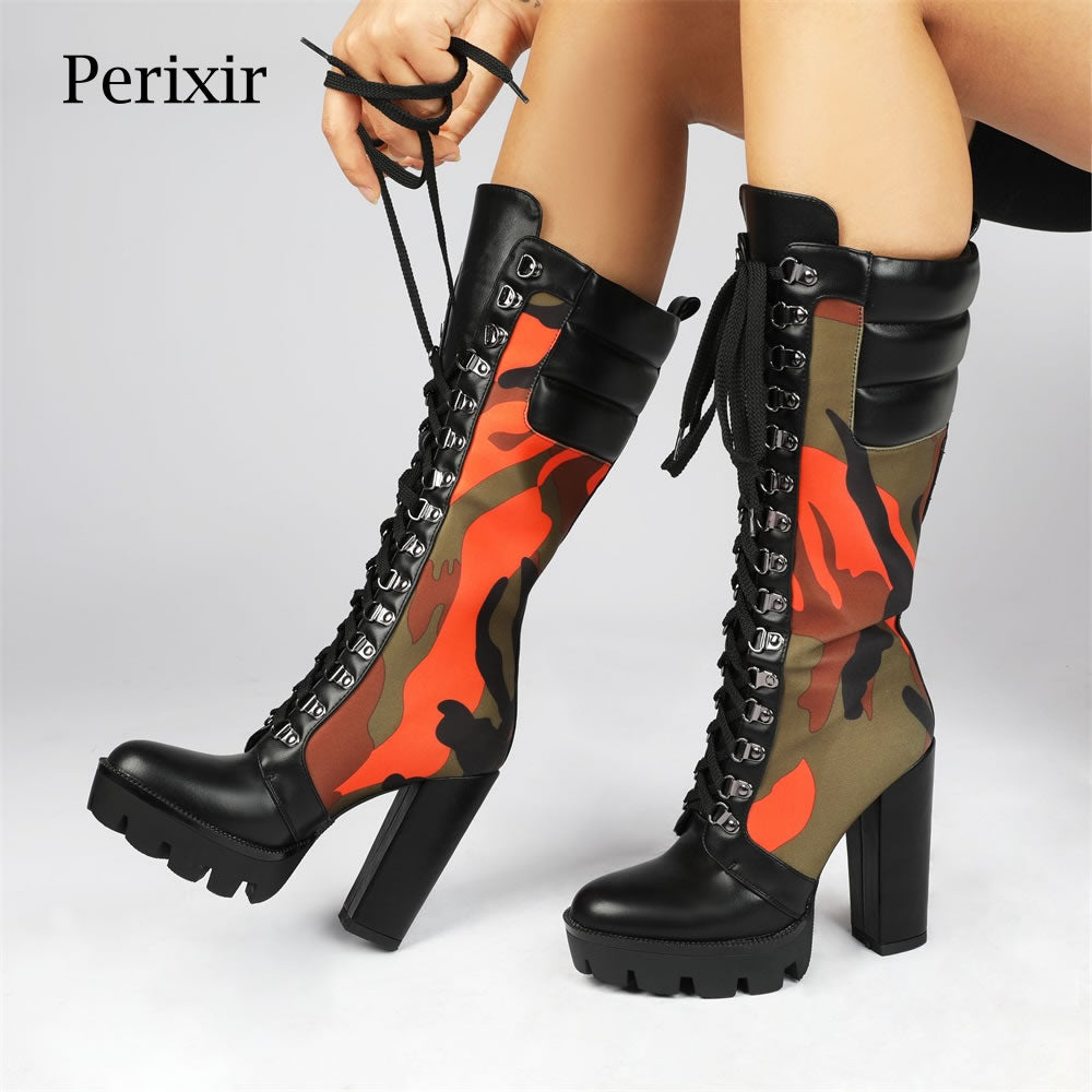 Camouflage Print Heel Platform Mid-Calf Boots