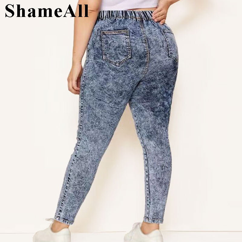 Elastic High Waist Acid Wash Pencil Jeans