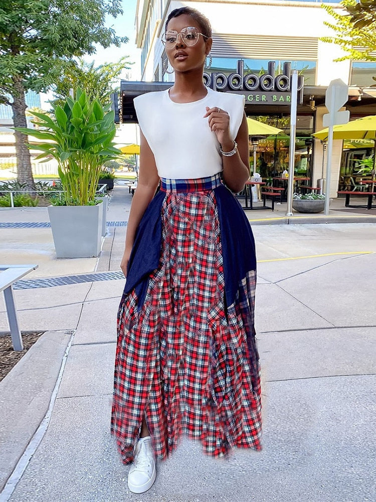 Plaid Checkered Tie Dye Patchwork Pleated Skirt