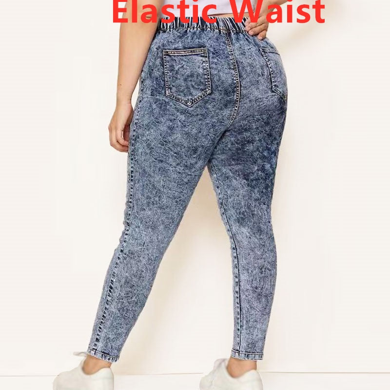 Elastic High Waist Acid Wash Pencil Jeans